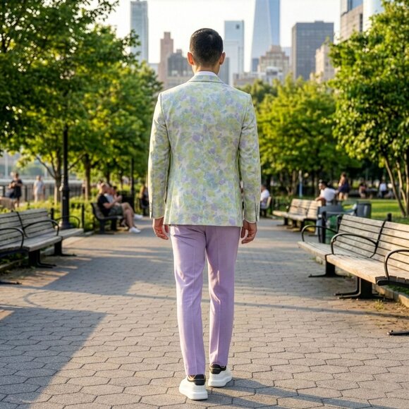 New 2026 Mens 3pc Spring Floral Lilac Suit Set, Skinny Fit - Picture 3 of 3